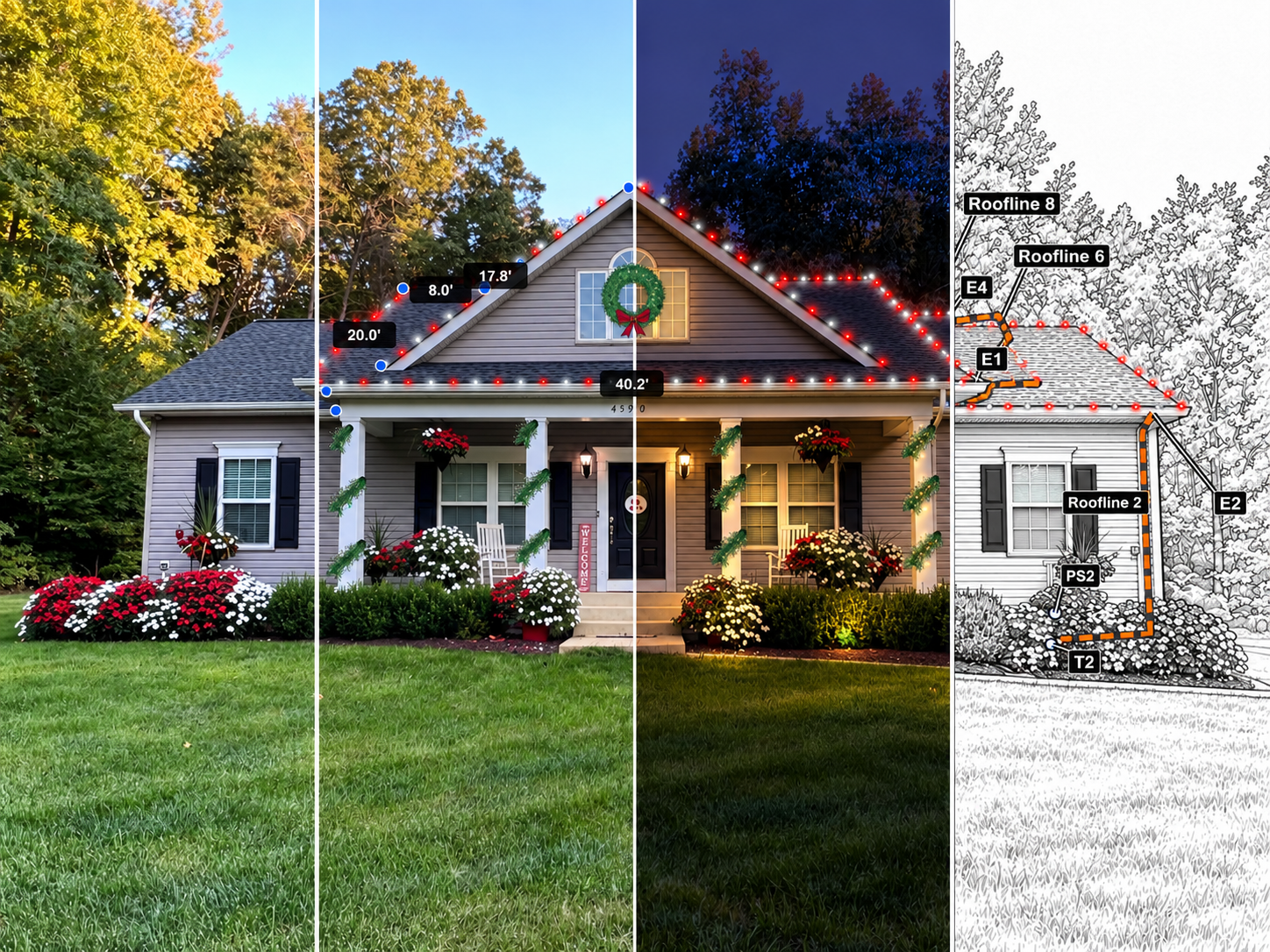 The same house shown across four sections: original photograph, measured Christmas lighting design, nighttime AI preview, and labeled installation blueprint, separated by vertical white lines.